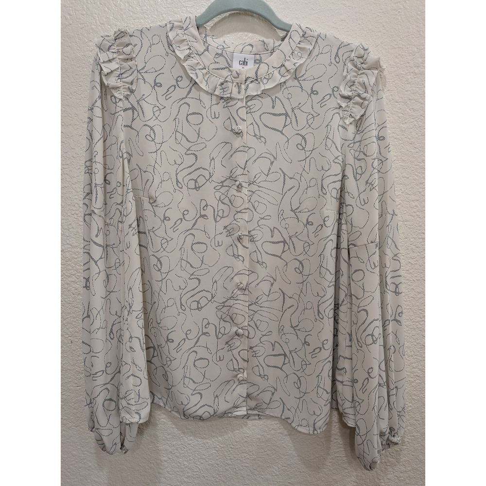 Cabi Blouse Long Sleeve M Scribble Print Ruffle Blouse Cream Bishop Sleeve Light